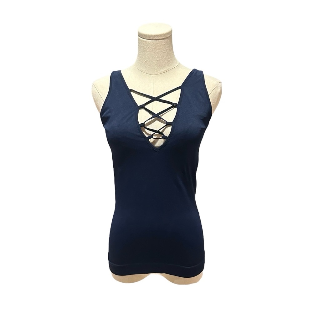 Seams Lovely Womens One Size Fits Most Navy Blue Laced Front Tank Top Sleeveless